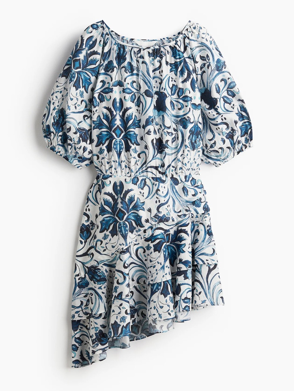 NWT H&M Blue Floral Print Puff-Sleeve Asymmetric Dress